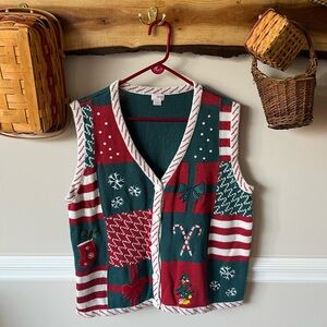 Vintage Holiday Editions Christmas Tree Candy Cane Snowflake Stocking Vest XL